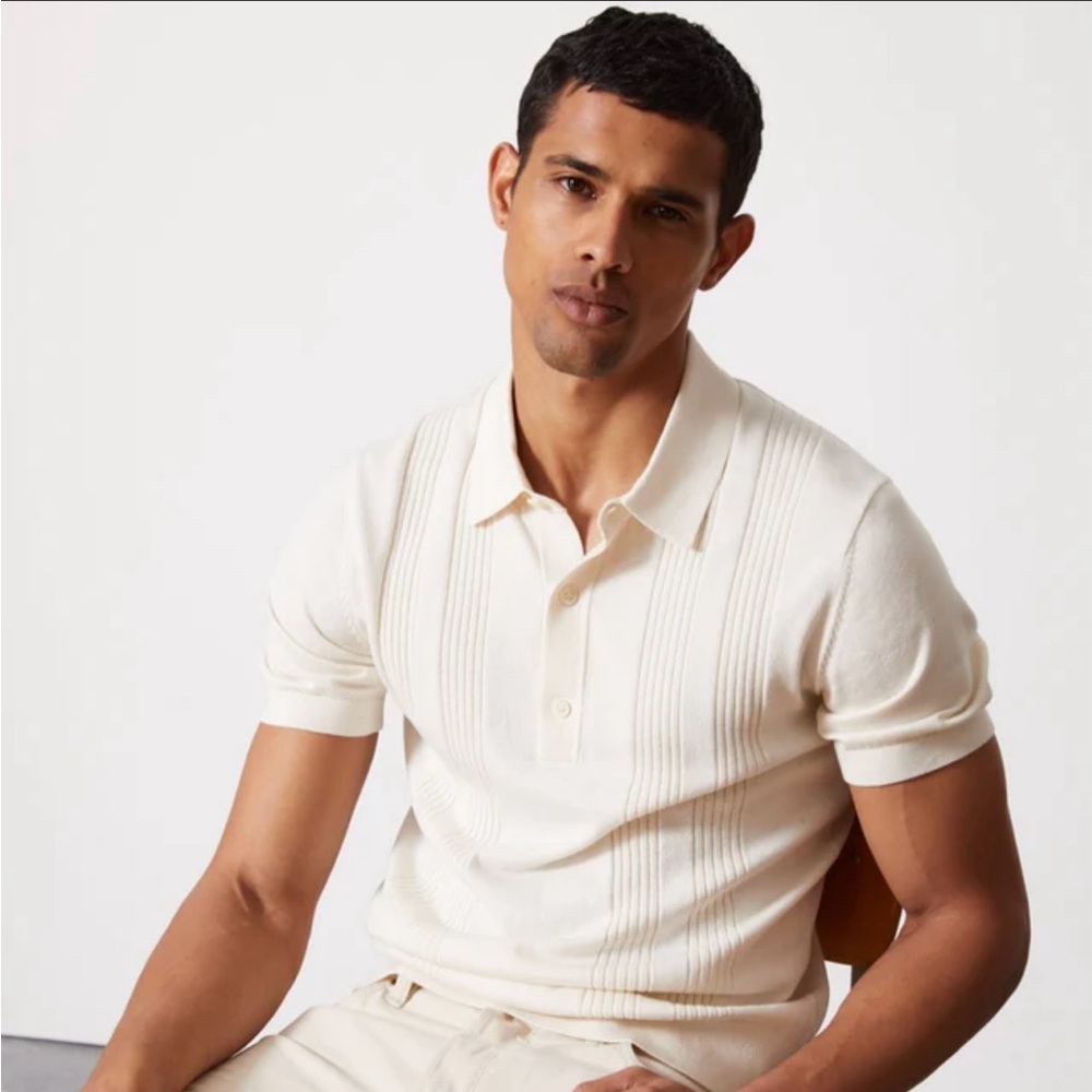 Todd Snyder Cream Knit Polo Shirt with Ribbed Texture